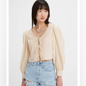 Levis Fawn Tie Blouse Womens XS Blush Pink Long Sleeve Front Tie Textured Crop